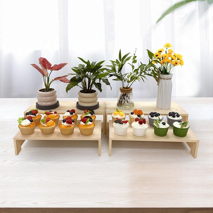 Yikaroeli 4 Set Large Wooden Display Riser Wood Risers Cupcake Display Stand 2Tiered 8Pcs Rectangular Perfume Dessert Display Stands for Vendors Event (Large/4Pack Nature)