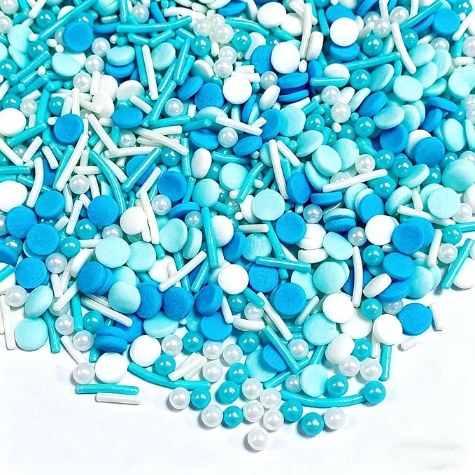 Sentovac Blue Sprinkles Edible Blue and White Round Confetti Jimmies Pearls for Cake Decorating Candy Cupcake Cookie Baking Donuts Ice Cream Dessert Decorations