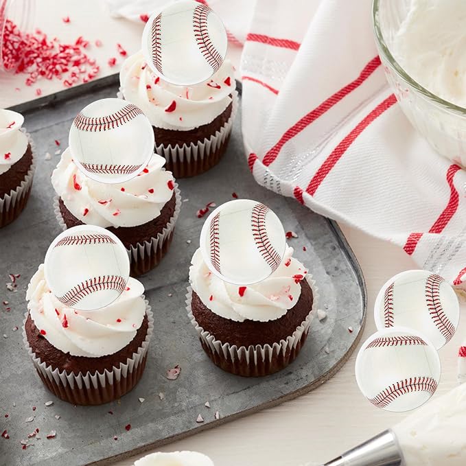 48 PCS Edible Baseball Cupcake Toppers Wafer Paper Sports Balls Cupcake Picks Edible Baseball Cupcake Decorations for Sports baseball Theme Baby Shower Kids Birthday Party Cake Decoration Supplies