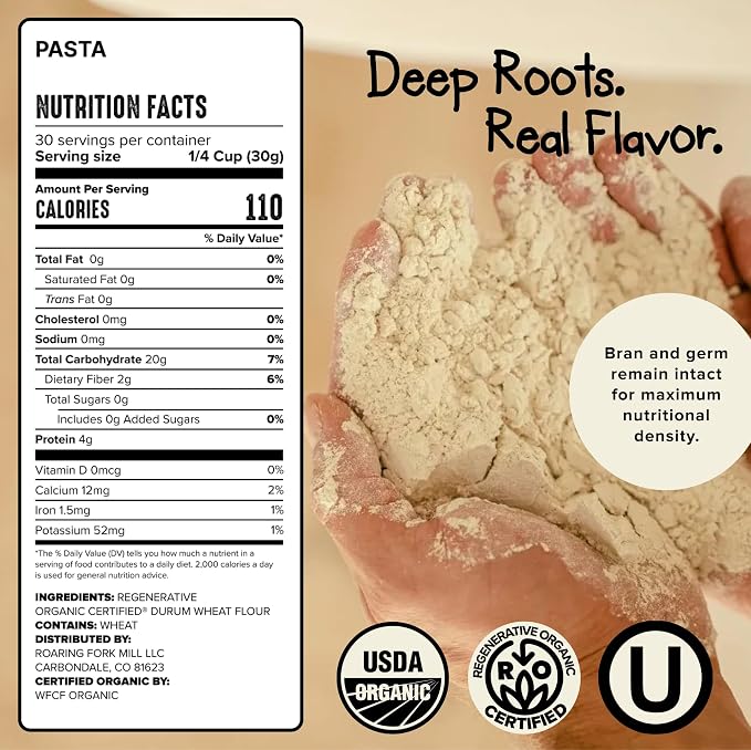 Stone-Milled Pasta 00 Flour from USDA Organic & Regenerative Organic Certified Durum Wheat – Traditional Durum Flour for Fresh Pasta, Extruded Noodles & Artisan Cooking – 11.3% Protein