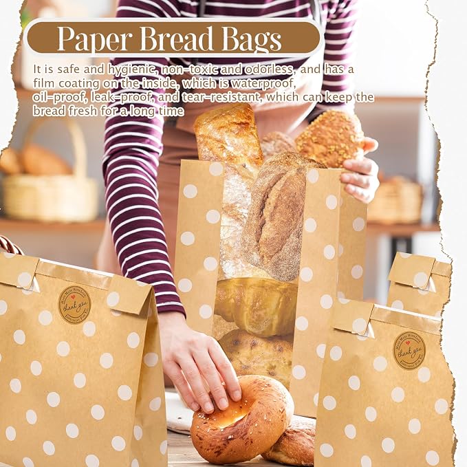 Feifeiya 100 Pack Kraft Paper Bread Bags for Homemade Sourdough Bread with Window & Stickers, 13.7x8.3 Large Bakery Bags for Loaves Greaseproof Food Packaging for Baking Gifts, Brown(Classic)