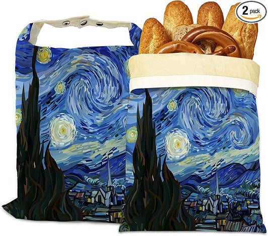 Bread Bags for Homemade Bread, Starry Night 2 Pack Linen and Beeswax Sourdough Storage Bags, Reusable Keeper, Keeps Breads Fresh Longer, Gifts for Bakers