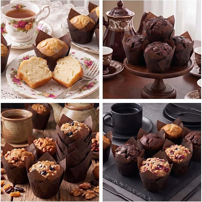 200 Pcs Brown Tulip Cupcake Liners for Baking, Standard Size | Standard Greaseproof Tulip Muffin Liners for Baking, 3oz Brown Paper Cupcake Wrappers for Party Wedding Birthday