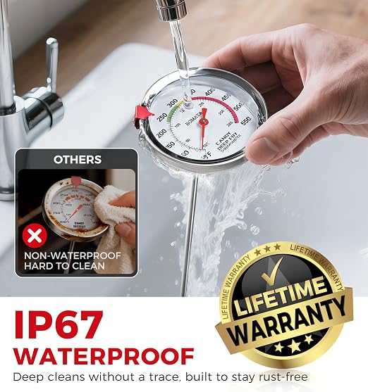 BOMATA 2-Pack Candy Thermometer with Pot Clip, Hands-Free Use, Waterproof IP67 and 2.5" Display Deep Fry Oil Thermometer with NSF Certified, for Cooking, Food, Turkey, BBQ, Grill... Mth400 Silver