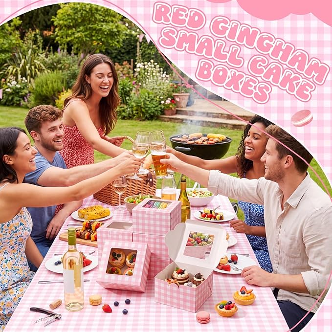 50 Pack Pink Gingham Cookie Box with Window, Small Plaid Bakery Boxes for Pastry Donuts Macaroon Cupcakes, Gingham Party Supplies Wedding Bridal Shower Sweet 16 Party Favors