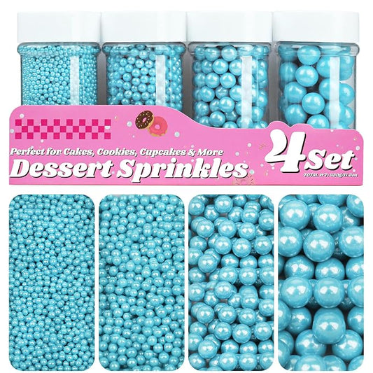 Blue Sprinkles for Cake Decorating, 11.3oz/320g Edible Pearls Sugar 4 Jars Set for Baking Cupcakes Cookies Dessert