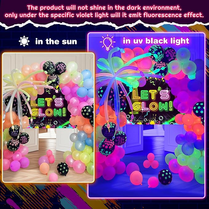 160 Pcs Neon Balloons Arch Garland Kit, Glow in the Dark Birthday Party Decorations, UV Balloons Party Banner Glow Party Supplies Neon Birthday Party Decor
