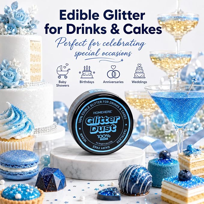 HomeHere Edible Glitter for Drinks & Cakes, 10g Food Grade Disco Diamond Glimmer Dust, Sparkle Powder for Cocktails, Chocolate, Baking Decorations, Vegan& Tasteless (Bule)