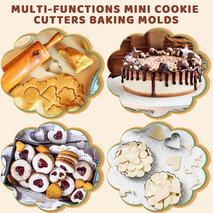 ofone Small Cookie Cutters Geometric Shapes Set, 24 Mini Fondant Cutter - Star Heart Flower Square Triangle Oval Circle Hexagon, Tiny Stainless Steel Biscuit Molds for Baking Dough Pastry Clay Fruit