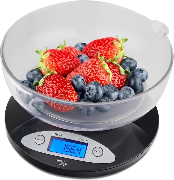 Smart Weigh Digital Kitchen Scale with Removable Bowl – 11lb/5kg Capacity, 0.1oz/1g Precision – High Accuracy Food Scale for Baking, Cooking & Meal Prep (Black)