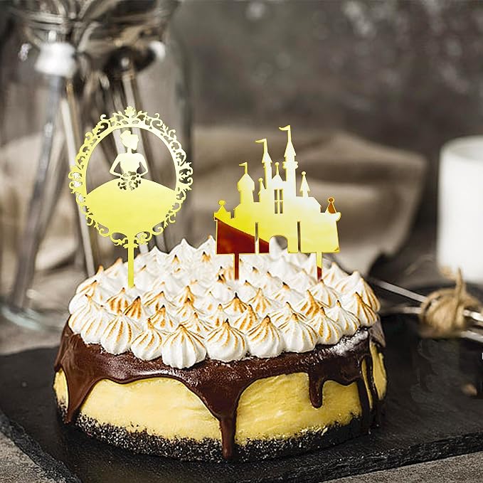 2Pcs Queen's Birthday cake topper Queen's Castle Acrylic Mirror Girl Cake Decoration Girl Birthday Wedding Anniversary Party Decoration Gift Gold Insert (golden) (Acrylic)