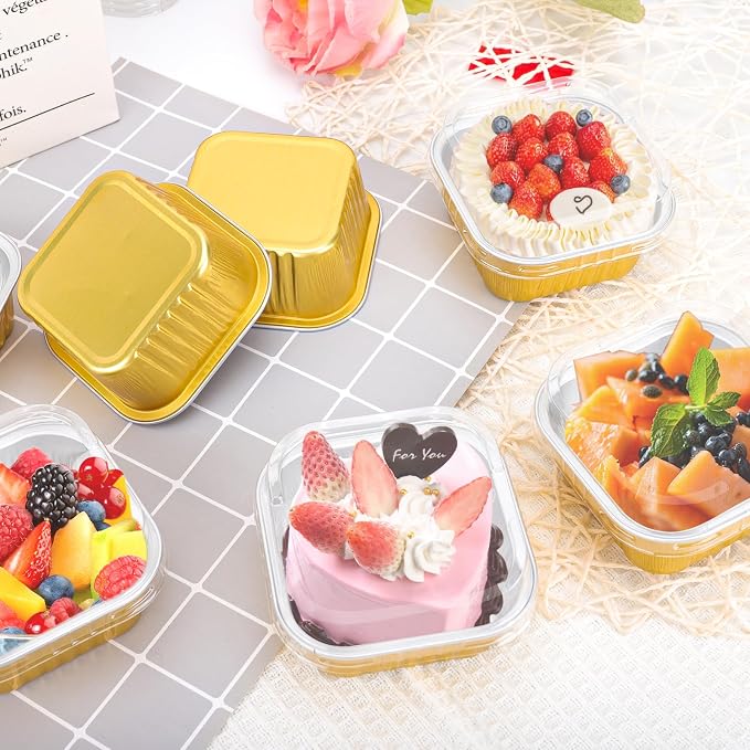 60Pack 5oz Gold Mini Cake Pans with Lids Baking Cups Aluminum Foil Pans Tins, Individual Dessert Cups Containers for Sales,Party,Picnics