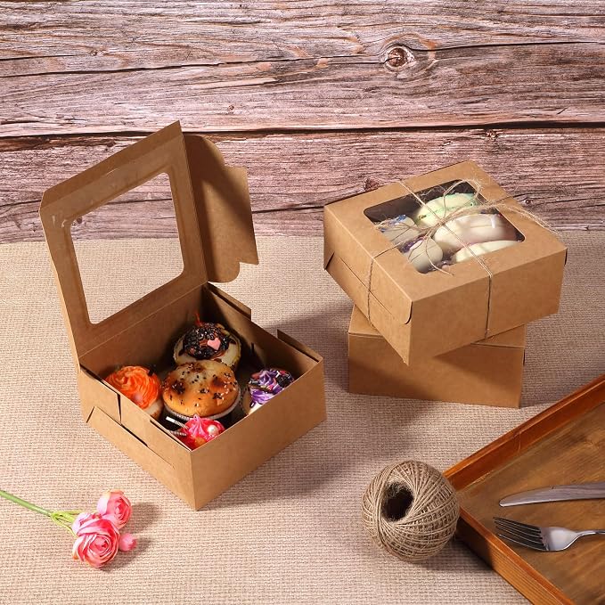 50 Pieces Bakery Box with Window Cookie Boxes Mini Kraft Boxes Gift for Pastries, Candy, Pie, Cupcakes, Soap Packaging for Homemade Soap (Brown,6.3 x 6.3 x 3 Inch)