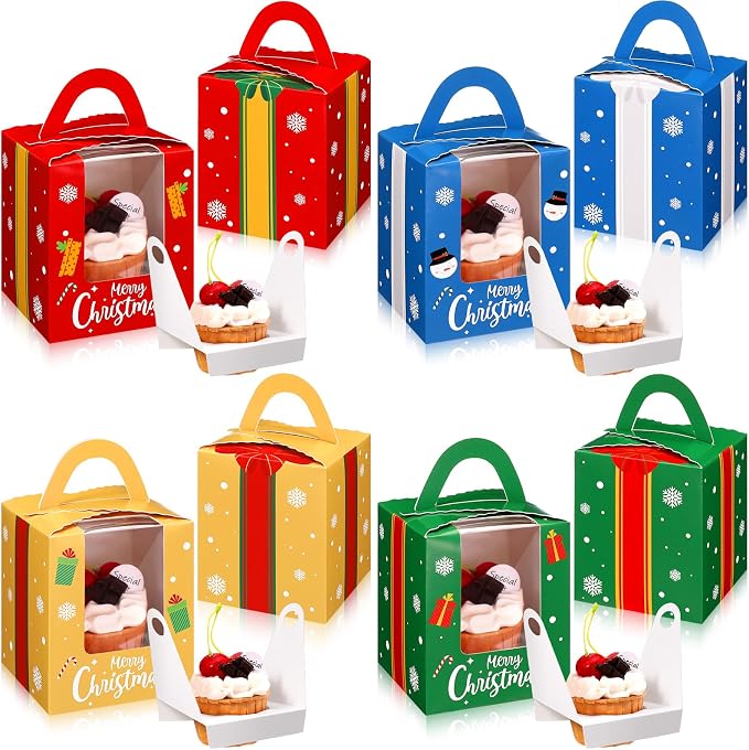 TaoBary 24 Pcs Christmas Cupcake Boxes Xmas Individual Cupcake Box Christmas Cookie Boxes with Window Insert Handle Muffin Pastry Holder Bakery Treat Box for X-mas Party(Snowflake)