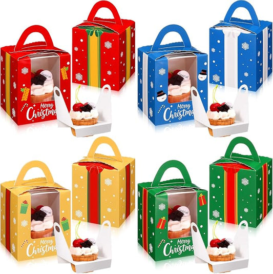 TaoBary 24 Pcs Christmas Cupcake Boxes Xmas Individual Cupcake Box Christmas Cookie Boxes with Window Insert Handle Muffin Pastry Holder Bakery Treat Box for X-mas Party(Snowflake)