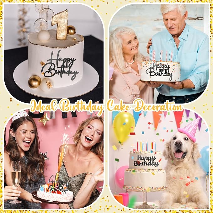 Barydat 50 Pcs Happy Birthday Cake Toppers Bulk Mirror Acrylic Cupcake Topper Decorations Happy Birthday Sign for Cake Inserts Decor Celebrate Anniversary Theme Party Supplies 10 Style(Black)
