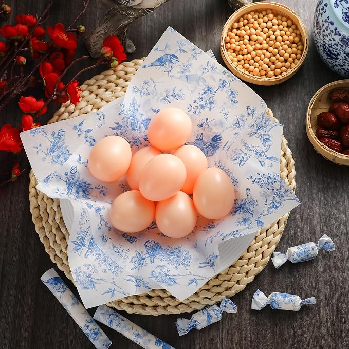 Feifeiya 200 Pcs Floral Wax Paper Sheet for Food Chinoiserie Bird Deli Paper Waterproof Sandwich Wrapping Greaseproof Food Basket Liners for Picnic Party Kitchen Supply, 9.8 x 8.7inch (Floral,Blue)