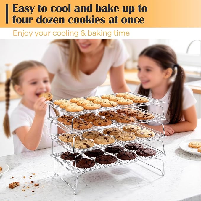 P&P CHEF 4 Tier Cooling & Baking Racks, Stainless Steel Stackable Grid Cooking Rack for Cooling Roasting Grilling, Collapsible & Heavy Duty, Oven & Dishwasher Safe, 15" x 10"