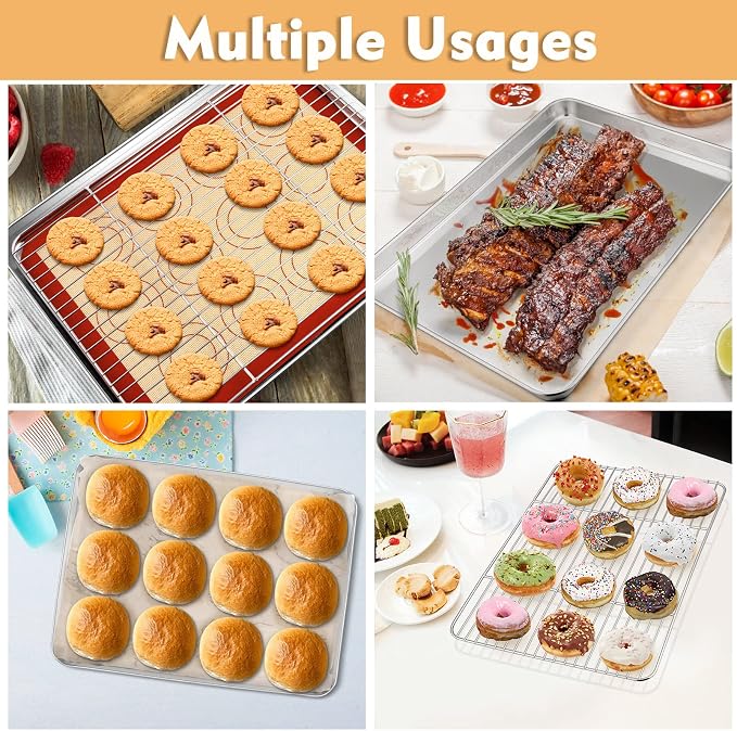 P&P CHEF 12.5 Inch Baking Oven Sheet Pan with Rack & Mat for Cookie, Stainless Steel Oven Sheet Tray Cooling Rack and Silicone Mat for Baking & Roasting, Dishwasher Safe & Healthy, 3Pcs