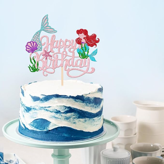 1 PCS Mermaid Cake Topper Glitter Mermaid Happy Birthday Cake Pick Starfish Seawood Seashells Mermaid Tail Cake Decoration for Under the Sea Theme Baby Shower Birthday Party Supplies Light Pink