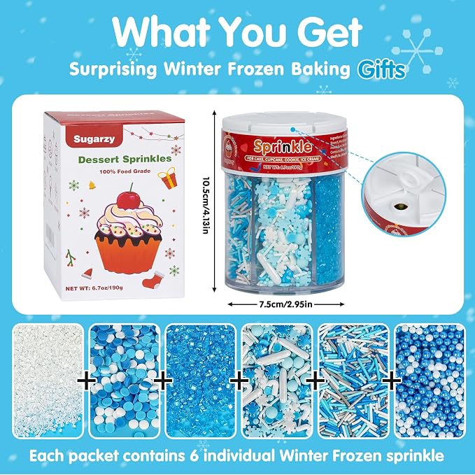 Edible Winter Sprinkles for Cake Decorating,6 Cell with Blue White Silver Gray Decorative Baking Toppings,Nonpareils Sprinkle,Pearls and Jimmies,Round Confetti,Snowflakes Candy Cane Rods,Sanding Sugar,Holiday Sprinkle for Cupcake Toppers,Cookie,Donut,B...