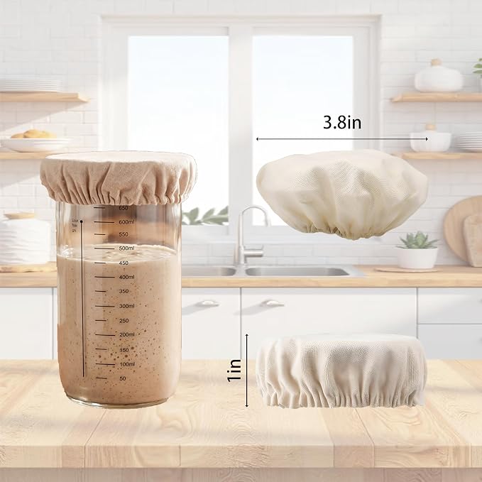 6 Pack Sourdough Starter Jar Covers - Reusable Unbleached Linen Cloth Covers for 3-4 Inch Mason Jars, Breathable Fermentation Covers for Sourdough Bread Proofing