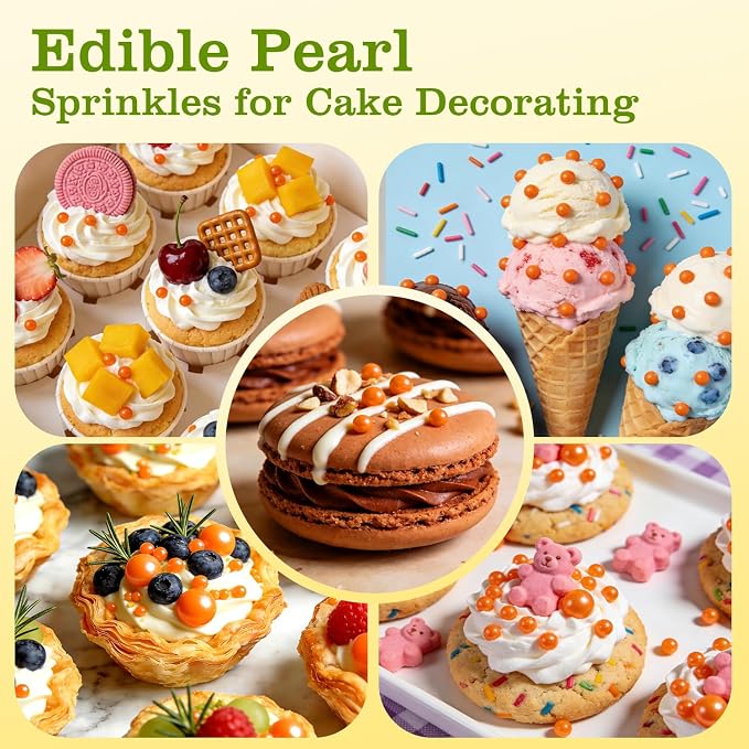 Edible Orange Sprinkles for Cake Decorating, Edible Pearl Sugar Sprinkles, Cake Cookie Decorations, Cupcake Ice Cream Toppings, Wedding Party Halloween Supplies, 180g/6.35oz Mix Size