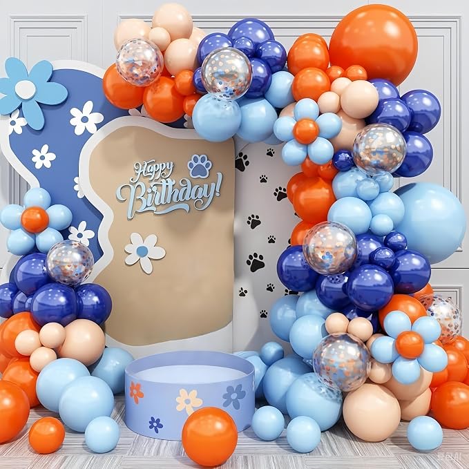 141 Pack Blue and Orange Balloon Arch Kit, Baby Navy Blue Balloons Garland Kit with Pastel Light Orange Confetti Balloons, Party Decoration for Baby Boys Kids Birthday Party Decor