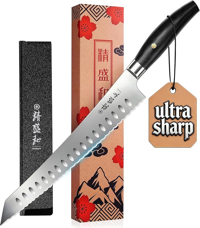 Bread Knife for Homemade Bread, Serrated Blade 8 in with Cover and Offset Handle, Outward-Curved Edge for Clean Even Slices, Slicer Cuts Sourdough, Bagels, Ham, Pineapple, Ideal Gift