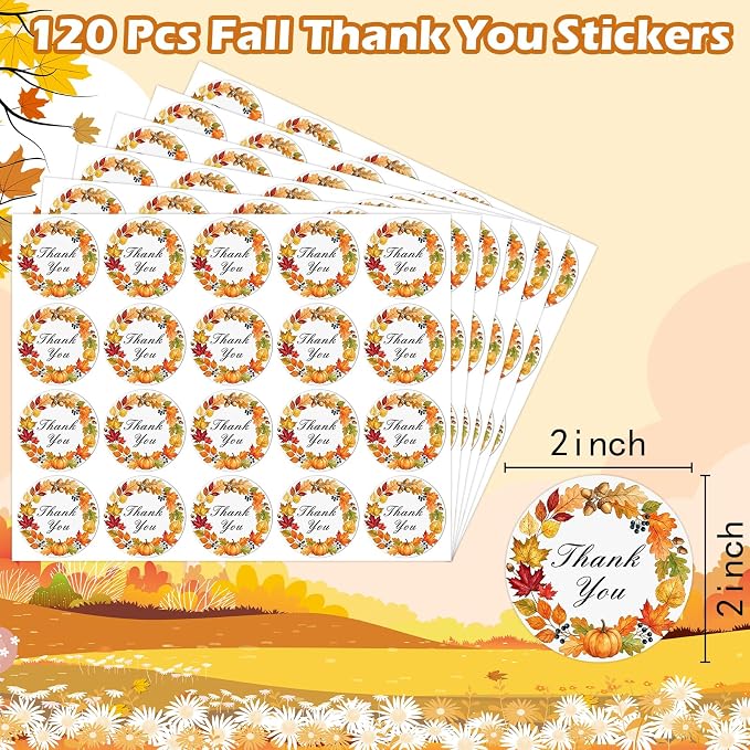 Louise Maelys 2 Inch Thank You Stickers Roll-120 Pcs Fall Thank You Sticker with Pumpkin & Leaf Pattern Autumn Stickers Labels for Thanksgiving, Gift Wrapping, Party Favors, Small Business, Envelope