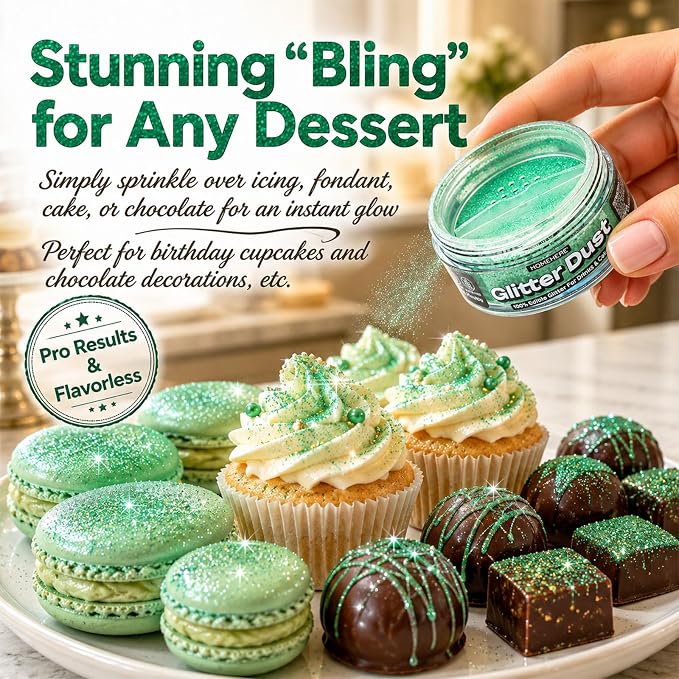 HomeHere Edible Glitter for Drinks & Cakes, 10g Food Grade Disco Diamond Glimmer Dust, Sparkle Powder for Cocktails, Chocolate, Baking Decorations, Vegan& Tasteless (Verdancy)