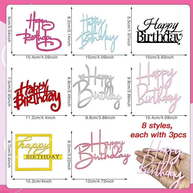 24 PCS Happy Birthday Cake Toppers Mirror Acrylic Side Cake Decorations 8 Styles