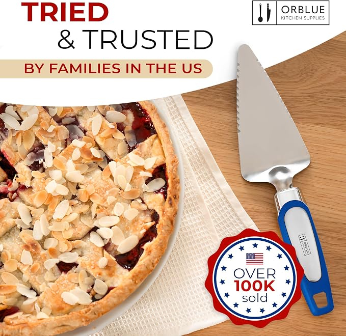 Orblue Pie Server, Essential Kitchen Tool, Serrated on Both Sides, Great for Right or Left Handed Chef, Stainless Steel Flatware, Cake Cutter, Royal Blue