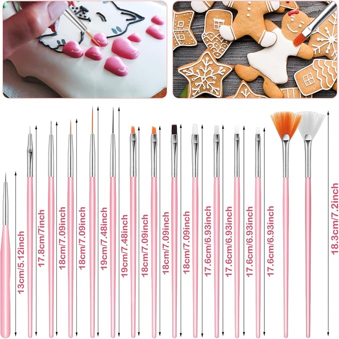 15 Pcs Food Safe Paint Brushes, Pink Sugar Cookie Decorating Brushes Kit Multifunctional Cake Decorating Food Grade Paint Brush for Professionals Beginners Making Candy Cakes Cookie DIY Crafts