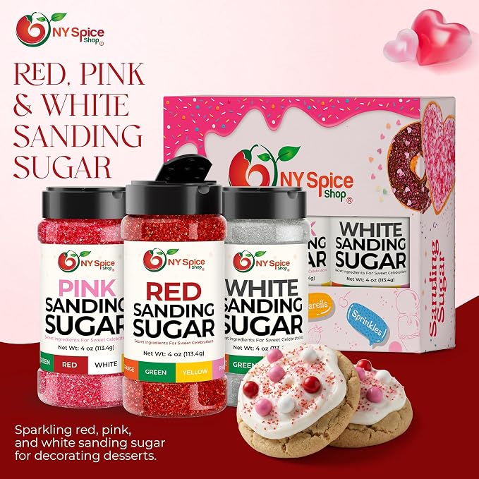 NY Spice Shop Sanding Sugar - 4 Ounce (Pack of 3) Sanding Sugar Red, Pink & White Decorative Sugars for Sweet Treat - Crystals Sugars for Cupcakes Cookies Cakes Dessert Decorating