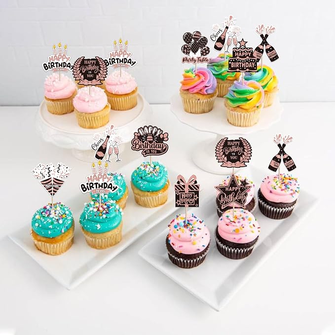 40 PCS Happy Birthday Cupcake Toppers Double Sided Balloon Star Cheers Party Time Happy Birthday Cupcake Picks for Celebrating Anniversary Theme Party Cake Decorations Supplies Black Rose Gold