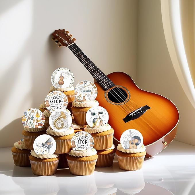 36PCS Edible Musical Instrument Cupcake Toppers Wafer Paper Music Symbol Cake Picks Music Concert Cake Topper Guita Piano Violin Cupcake Picks for Concert Theme Party Decor (Musical)