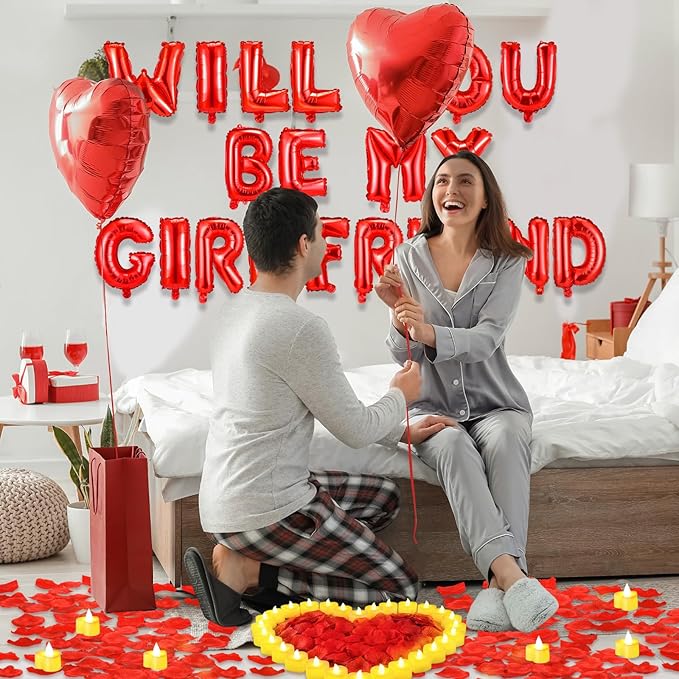 Will You Be My Girlfriend Balloon Proposal Decor 24 LED Flameless Tealight Heart Candle 2000 Artificial Rose Petals Love Balloon for Engagement Wedding Decor Romantic Special Night(White)