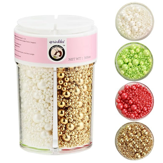 Homankit Edible Pearl Sprinkles for Baking, Red White Green and Gold Sugar Pearls Cake Decorations for Cupcake Toppers Cookie Decorating Birthday Party Wedding Christmas Winter Supplies