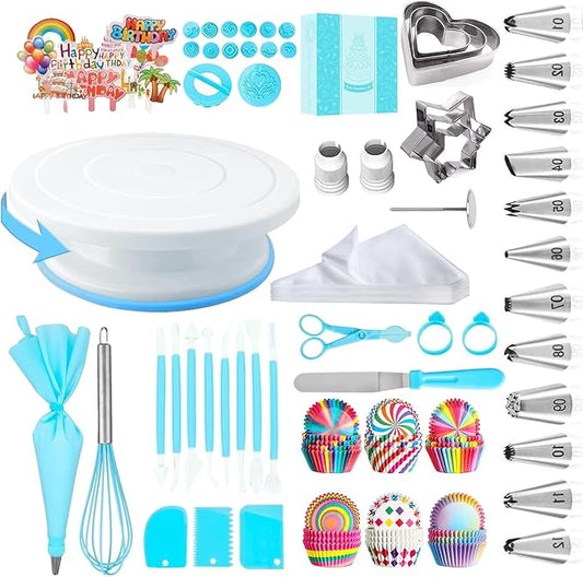 Cake Decorating Supplies Kit Tools 255pcs, Cake Decorating Set with Cake Turntable, 12 Numbered Icing Piping Tips, Cookie Cutters, Icing Smoother & Other Accessories for Cake Decoration (255, Blue)