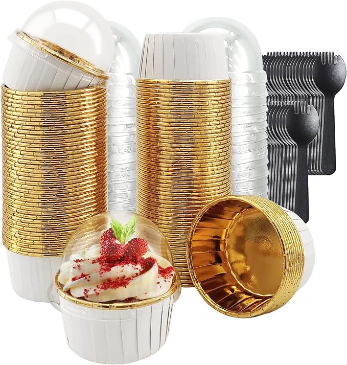 LNYZQUS 5.5 Oz Foil Cupcake Tins Baking Cups, Disposable Ramekins Muffin Tins, Large Cupcake Cups with Spoons-White in Gold