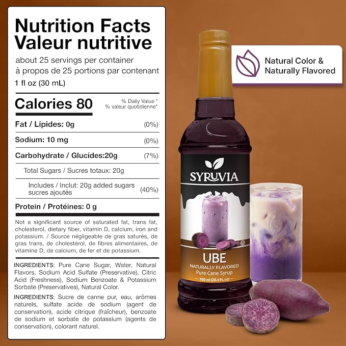 Syruvia Ube Syrup, Naturally Flavored Syrup for Drinks, Lemonades, Iced Teas, and Desserts – 25.4 fl oz - with Pump