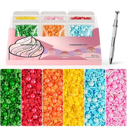 HUEBEATY 6-in-1 Neon Rainbow Sprinkles Variety Pack with Claw Sprinkle Pen – 180g Assorted Colored Sprinkles with Pearls, Jimmies, Confetti & Fun Shapes for Cake Decorating, Cupcakes, Cake Pops, Cookies & Ice Cream Baking