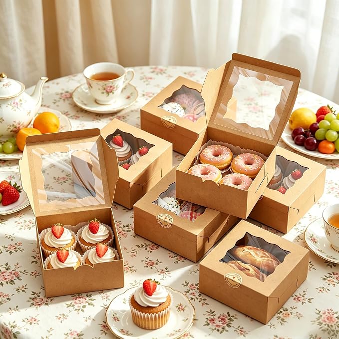 50Pcs 6x6x3 Inch Cookie Boxes With Window Boxes for Baked Goods | Brown,Food Grade Kraft,Bakery Boxes for Cookies Donuts,with Stickers and Twine,Dessert Boxes for Treats Gift Giving Party