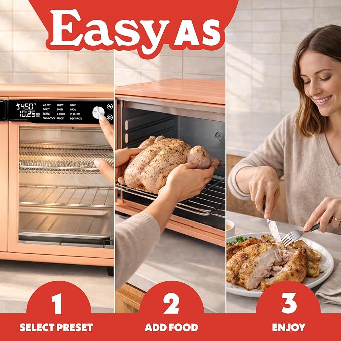 Gourmia French Door Air Fryer Oven - 37 Qt Large Capacity Convection Toaster Oven, FryForce 360°, Digital Display, 12 Cooking Presets, Dehydrate, Fits 13” Pizza, Dishwasher-Safe, Peach