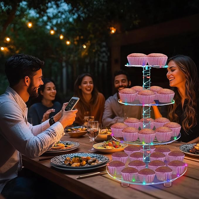 YestBuy 4 Tier Round Cupcake Stand – Premium Cupcake Holder – Acrylic Cupcake Tower Display – Display for Pastry + LED Light String – Ideal for Weddings, Birthday Parties & Events (Multicolored)