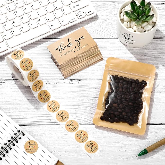 Outus 620 Pieces Thank You for Supporting My Small Business Cards and Stickers Set, Thank You Gold Foil Stickers with Resealable Packaging Bag for Business Owners Packaging Supplies (Kraft Paper)