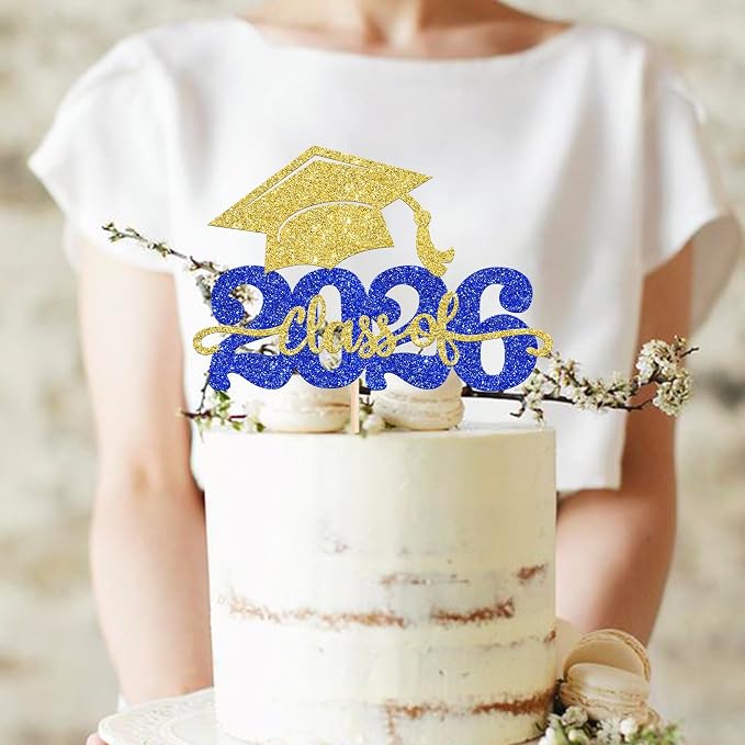 1 Pack Class of 2026 Cake Topper Glitter Congrats Grad Cap 2026 Graduation Cake Pick for 2026 Graduation Theme High School Boys Girls Graduate Party Cake Decorations Supplies Gold Blue