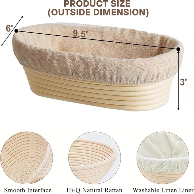 Banneton Bread Proofing Basket 2 pack 9.5 inch Oval Basket with Liner, Bread Proofing Basket Perfect for Professional & Home Sourdough Bread Baking, Artisan Sourdough Bread (Set of 2 pack 9.5" Oval)