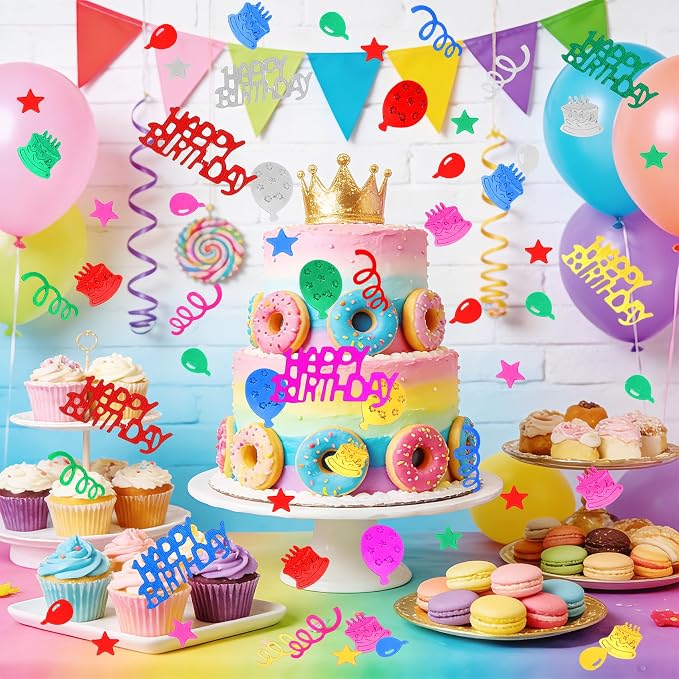 Birthday Confetti, Happy Birthday Party Glitter Table Confetti, 60g Multicolor Metallic Foil Cake Balloon Confettis Sprinkles Table Centerpiece for Baby Shower Party Decorations DIY Arts and Crafting